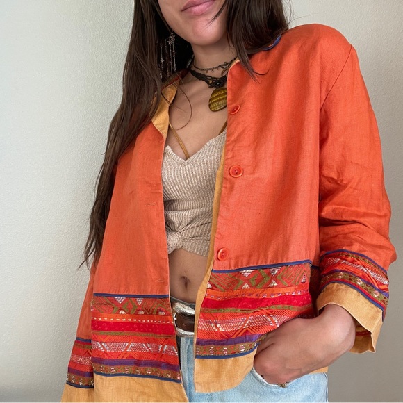 Vintage 90s Embroidered Linen Sweater/Jacket - Picture 1 of 4